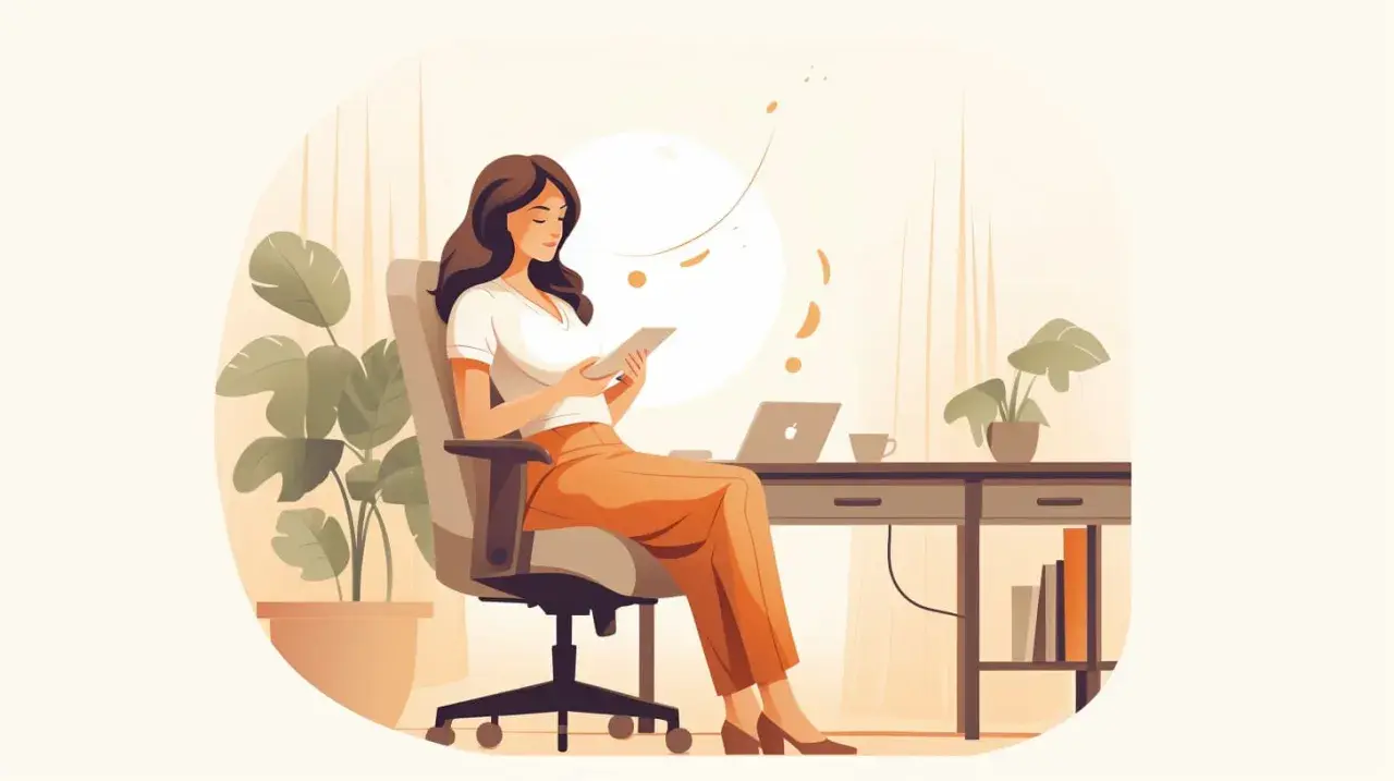 Femme assise à son bureau, regardant une tablette. Elle semble réfléchir à une lettre de démission pendant congé maternité.