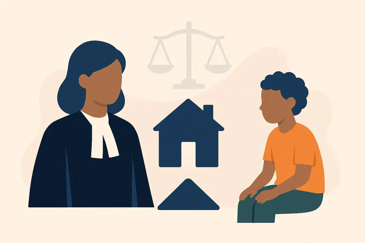 Une avocate discute avec un enfant. Une balance de justice et une maison symbolisent une lettre de demande de placement en foyer.