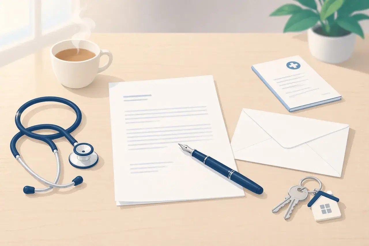 Bureau avec stéthoscope, tasse de café, lettre, enveloppe, clés et document médical. Préparation d'un modèle lettre résiliation bail 1 mois pour raison de santé.