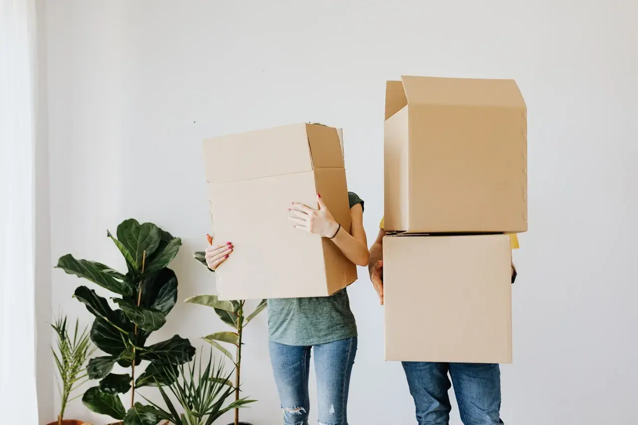 Couple déménageant, cachant leurs visages derrière des cartons. Ils préparent leur lettre changement d'adresse CAF.