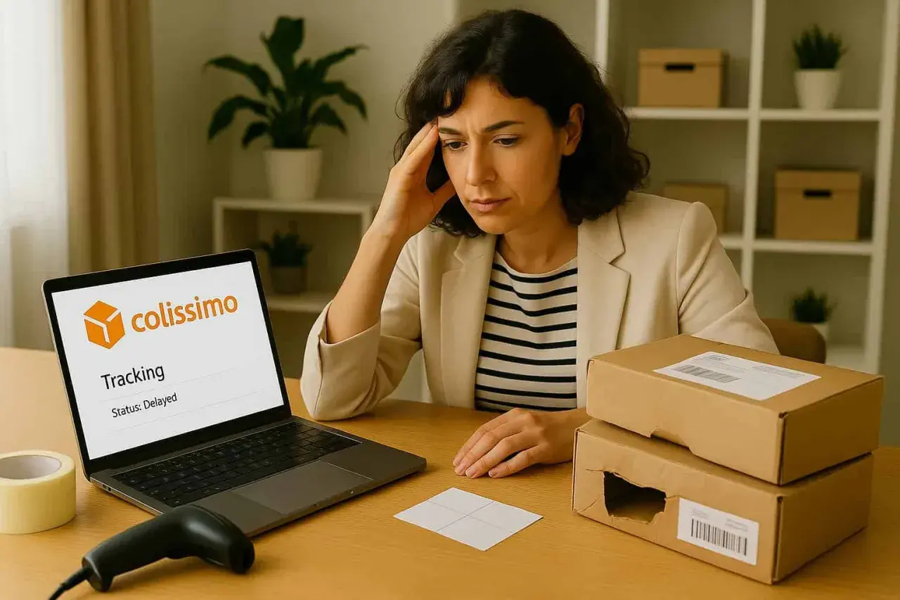 Femme soucieuse devant son ordinateur affichant "Colissimo Tracking: Status: Delayed". Un problème de livraison DPD ?