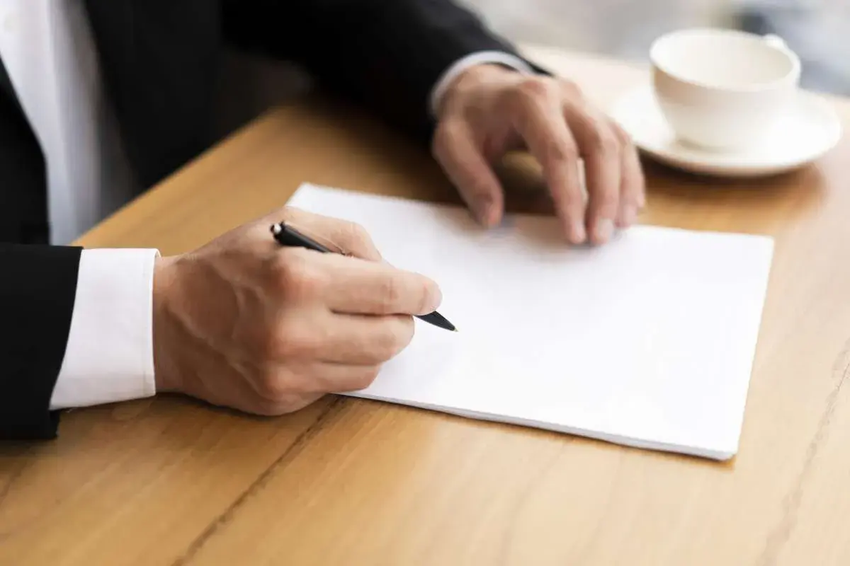 Homme en costume écrivant une lettre. Il pourrait s'agir d'une démarche concernant le harcèlement moral, avec l'aide de la médecine du travail.