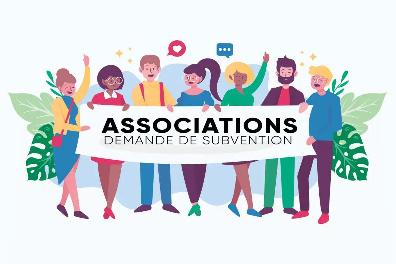 Groupe d'associatifs joyeux tenant une banderole "ASSOCIATIONS DEMANDE DE SUBVENTION". Idéal pour un modèle lettre demande subvention mairie pour association.