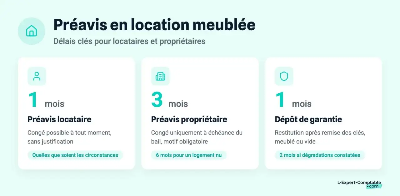Préavis en location meublée : 1 mois pour le locataire, 3 mois pour le propriétaire. Modèle préavis logement 1 mois. Dépôt de garantie 1 mois.
