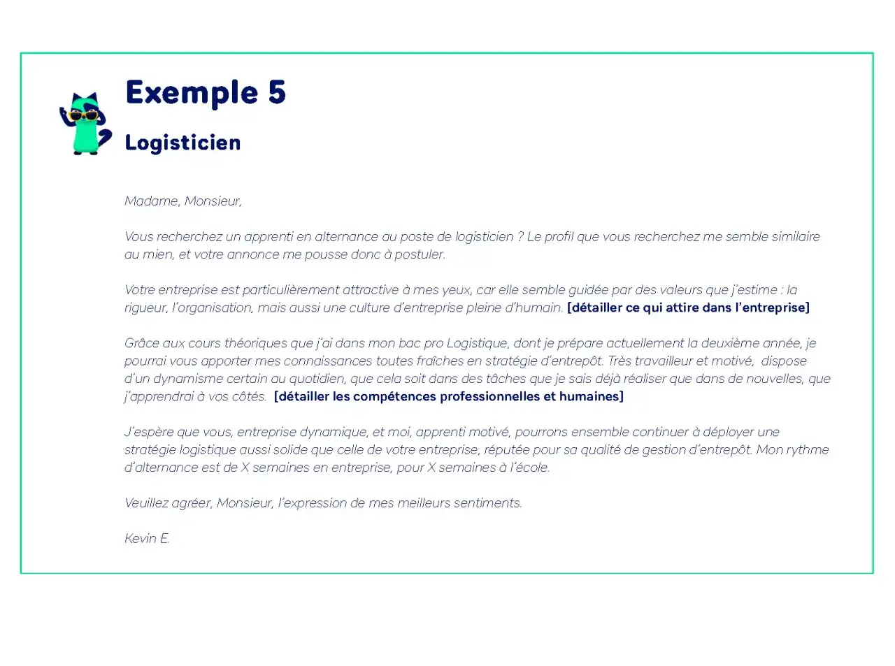 Exemple de lettre de motivation pour une alternance en logistique. Un chat stylisé est présent.