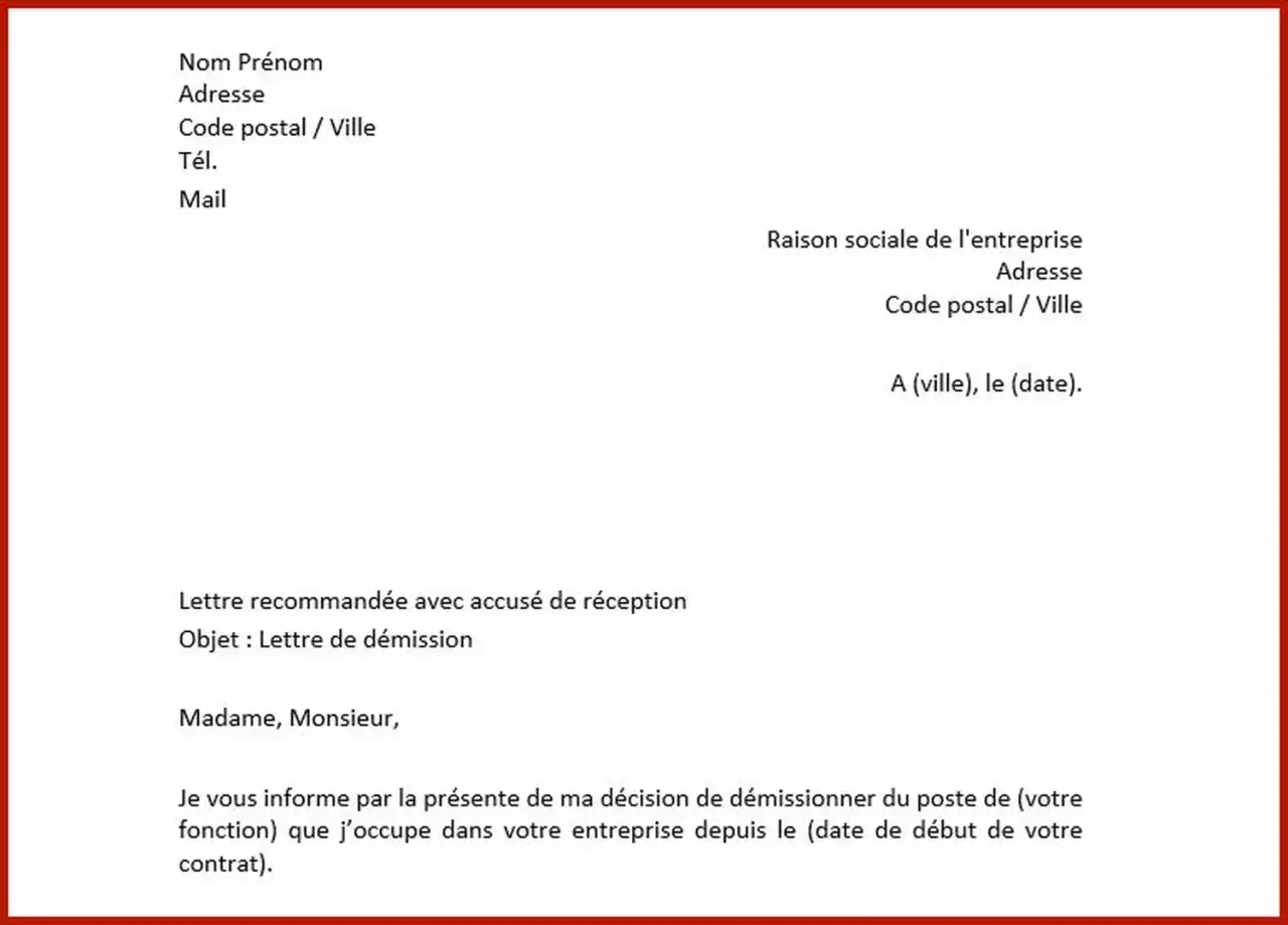 Mod&egrave;le de lettre de d&eacute;mission pour un contrat &eacute;tudiant sans pr&eacute;avis. Le document indique les coordonn&eacute;es de l'exp&eacute;diteur et du destinataire.