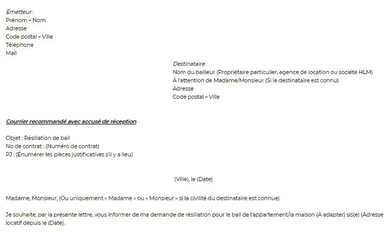 Mod&egrave;le de lettre pour r&eacute;siliation de bail 1 mois pour raison de sant&eacute;. Ce document officiel permet d'informer le propri&eacute;taire.
