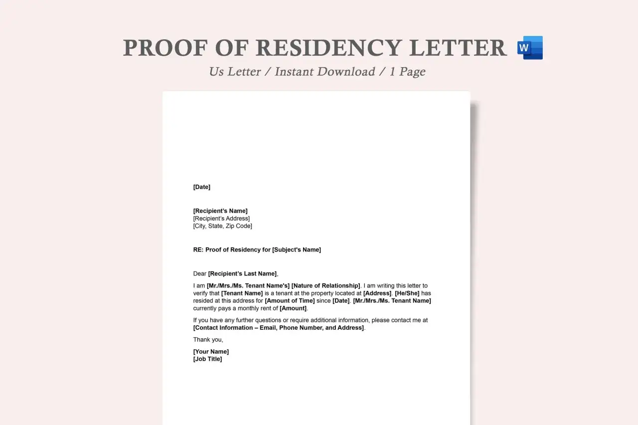 Lettre de preuve de r&eacute;sidence, un mod&egrave;le pour une attestation de logement. Elle confirme qu'une personne est locataire d'un bien immobilier.
