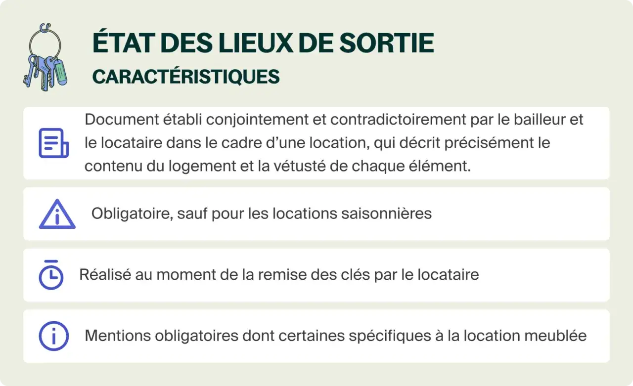 &Eacute;tat des lieux de sortie : document d&eacute;crivant le logement et ses &eacute;l&eacute;ments, obligatoire pour rendre un appartement en location.