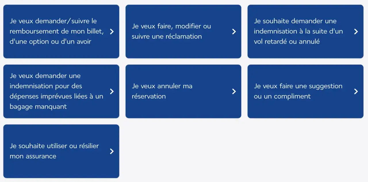 Demande indemnisation Air France : options pour remboursement, r&eacute;clamation, bagage manquant, vol retard&eacute;/annul&eacute;, assurance, suggestion.