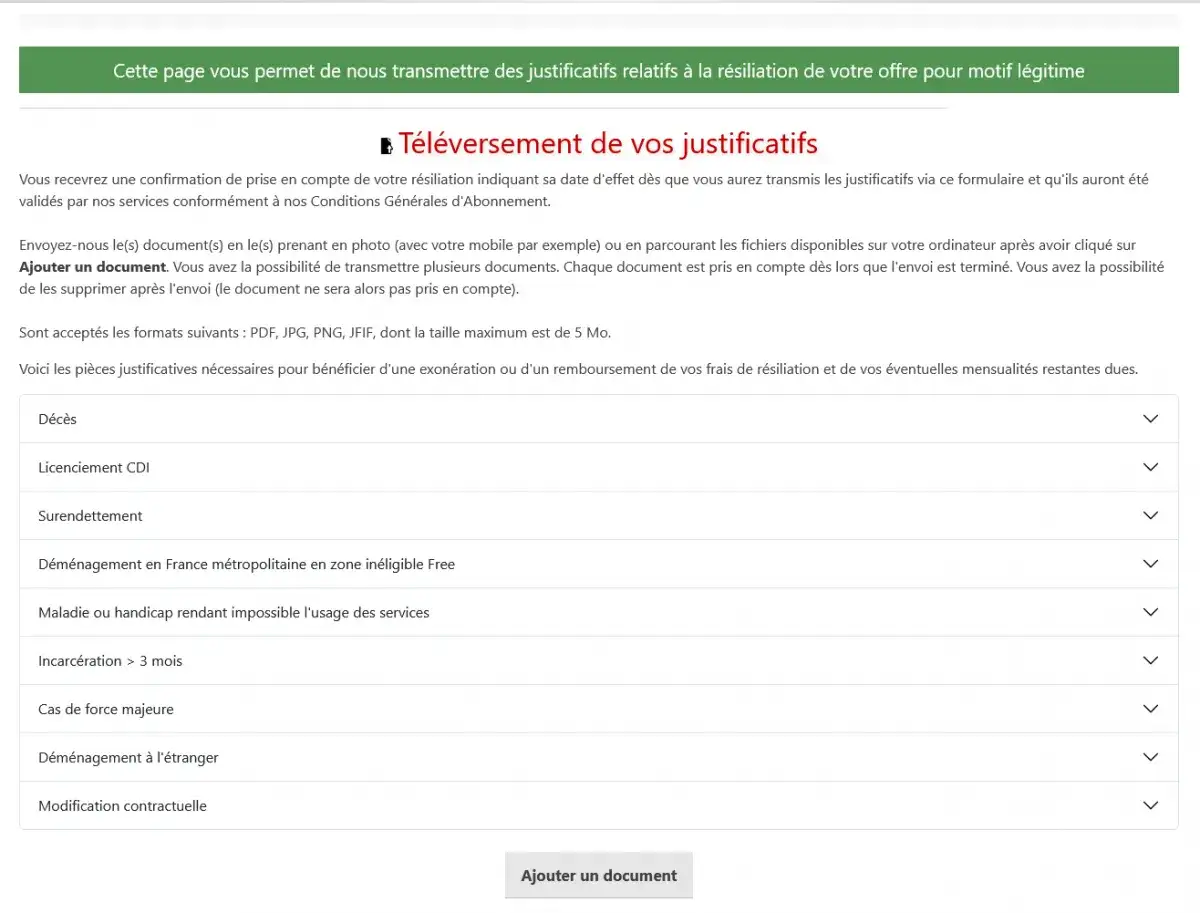 Justificatifs pour remboursement frais de résiliation free : décès, licenciement, déménagement, etc. Téléversez vos documents pour une exonération.