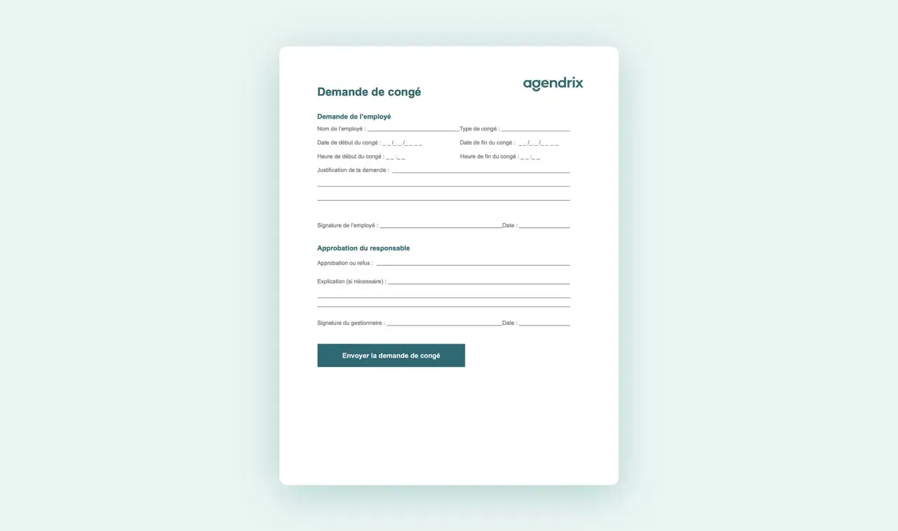 Formulaire de demande de cong&eacute; pour un employ&eacute;, incluant les d&eacute;tails du cong&eacute; et l'approbation du responsable.