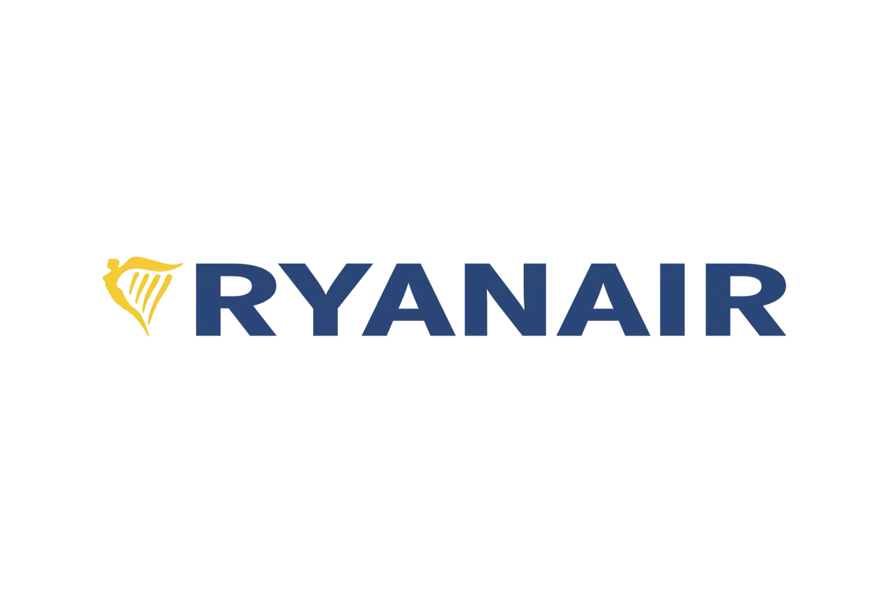 Logo Ryanair en bleu et jaune. Une harpe dor&eacute;e &agrave; gauche, suivie du nom 