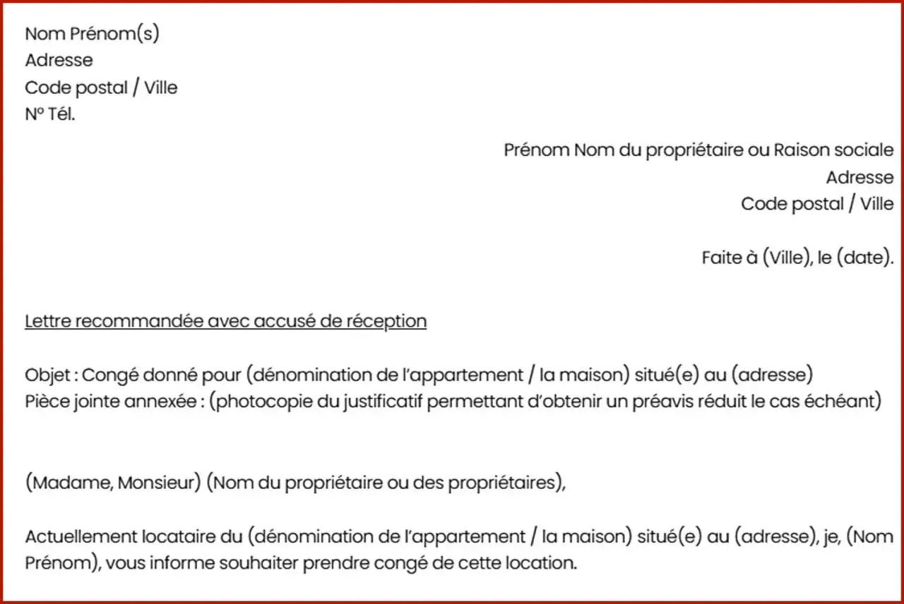 Modèle de lettre recommandée avec accusé de réception pour une lettre de désolidarisation de bail, informant le propriétaire du congé.