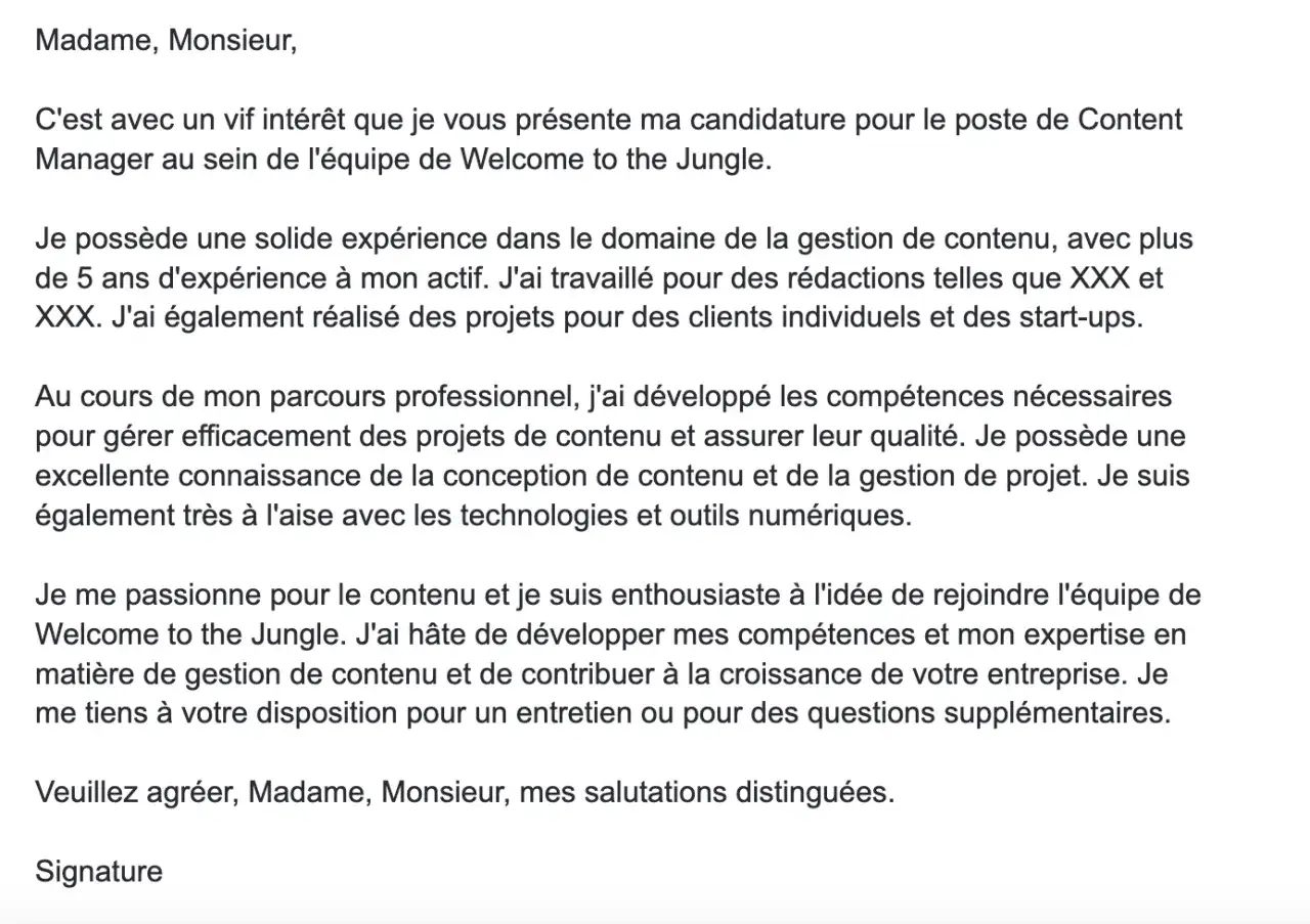 Lettre de motivation pour un poste de Content Manager. Le texte, r&eacute;dig&eacute; comme si par ChatGPT, d&eacute;taille l'exp&eacute;rience et les comp&eacute;tences du candidat.