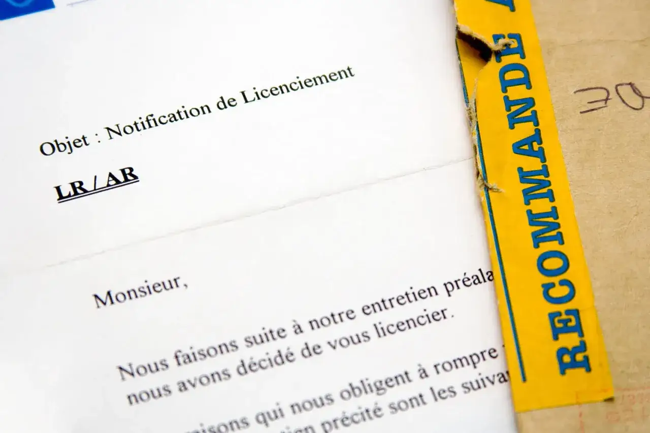 Lettre de notification de licenciement, suite &agrave; un entretien pr&eacute;alable. Un bordereau jaune 