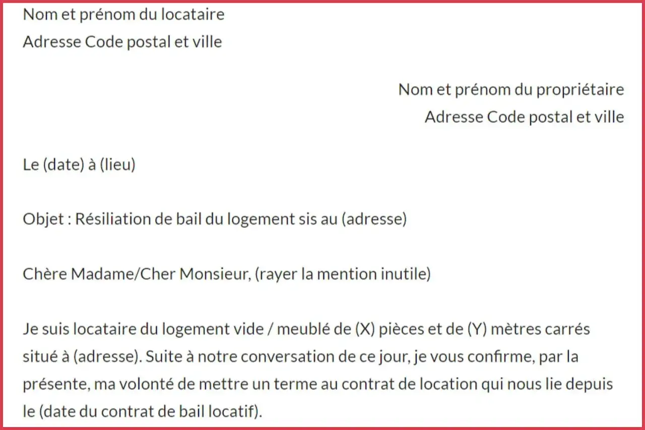 Modèle de lettre pour résiliation de bail. Ce document, envoyé en préavis lettre recommandée, formalise la volonté du locataire de quitter son logement.