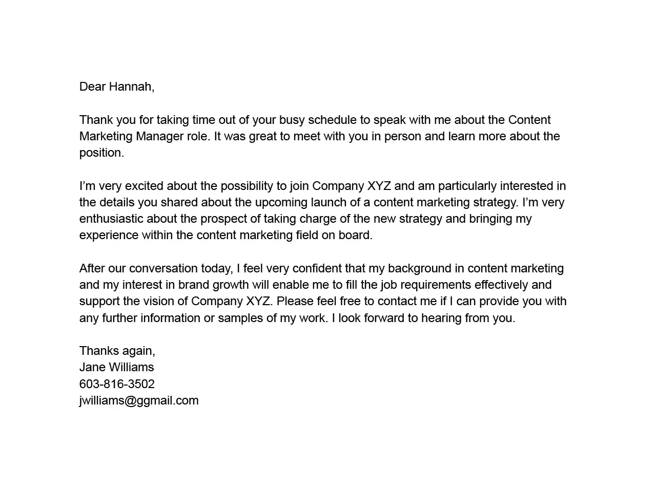 Mail de relance d'entretien pour un poste en marketing de contenu. Jane Williams exprime son enthousiasme suite à sa rencontre.