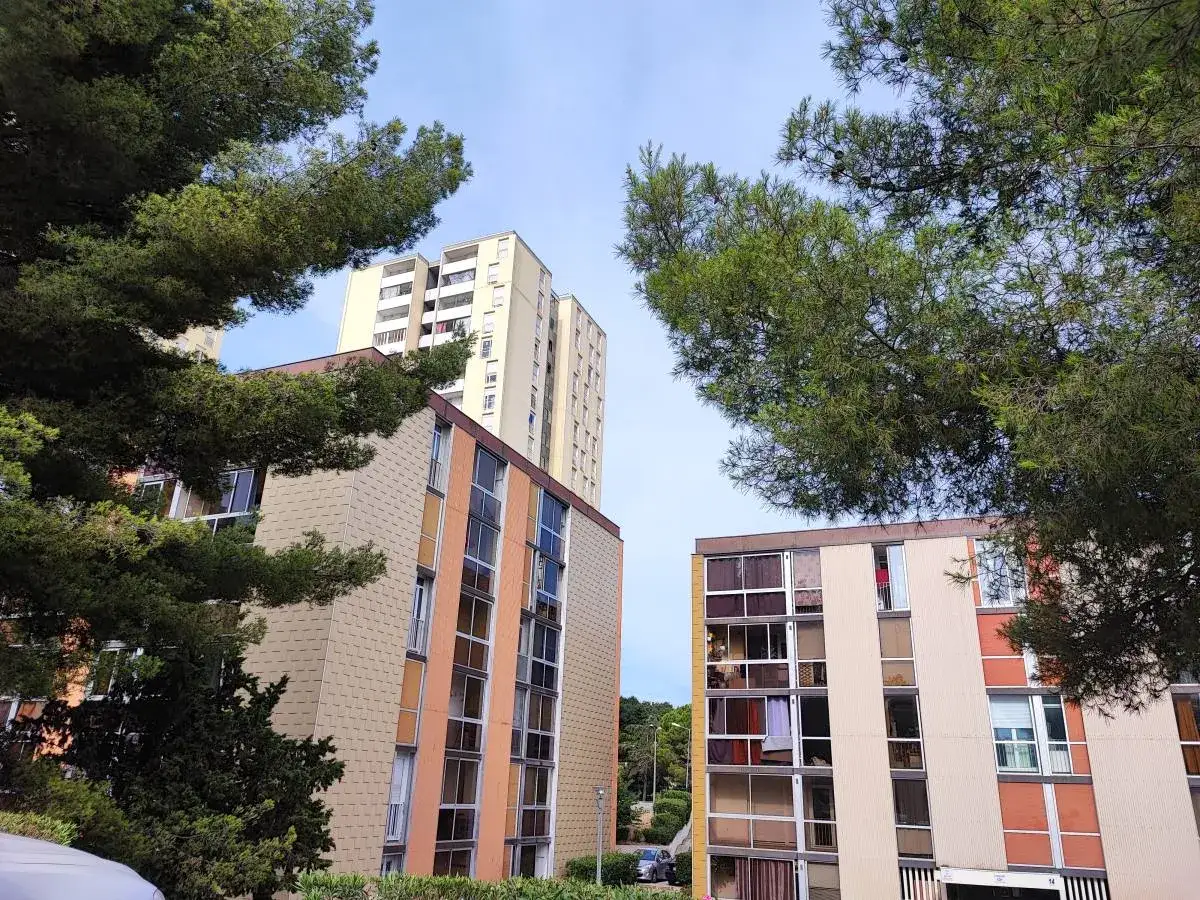 Immeubles r&eacute;sidentiels sous un ciel bleu, entour&eacute;s de pins. Un mod&egrave;le p&eacute;tition locataires pourrait &ecirc;tre sign&eacute; ici.