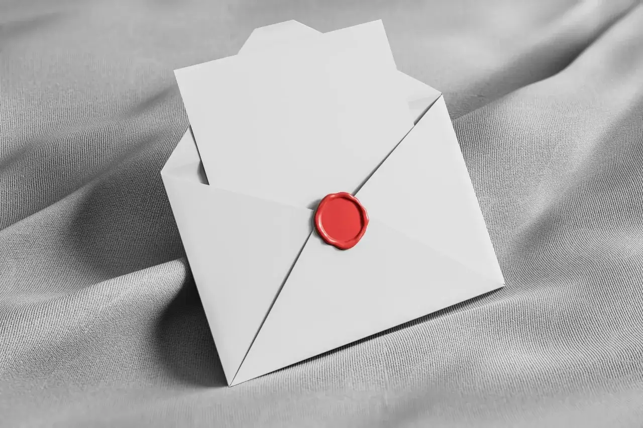 Lettre de recours pour MaPrimeR&eacute;nov, scell&eacute;e d'un cachet rouge, sur un tissu gris.