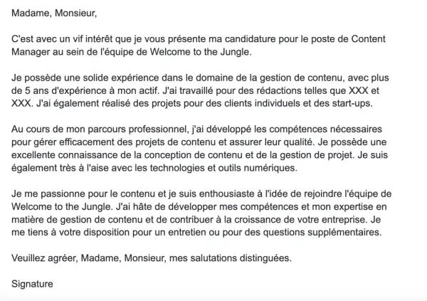 Lettre de motivation pour un poste de Content Manager. Le texte détaille l'expérience et les compétences du candidat en gestion de contenu, comme si ChatGPT avait aidé à la rédiger.