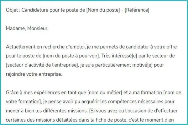 Extrait d'une lettre de motivation pour un poste, mentionnant une candidature pour un emploi et une recherche de lettre de motivation temps partiel.