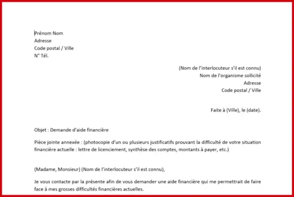 Exemple lettre CPAM : demande d'aide financière pour faire face à des difficultés. Le document liste les informations à fournir et les justificatifs nécessaires.
