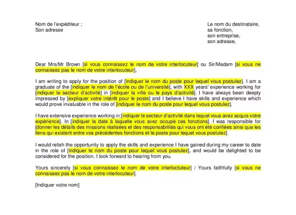 Modèle de lettre de motivation en anglais, avec des champs à remplir pour postuler à un emploi.