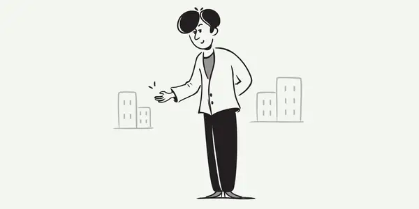 Un homme présente des immeubles, comme s'il expliquait comment rédiger une lettre pour rendre un appartement en location.