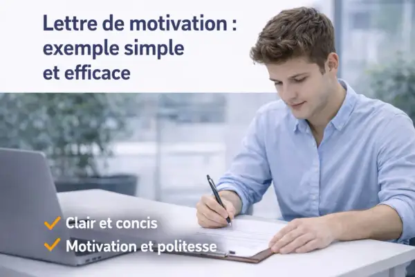 Jeune homme rédigeant une lettre de motivation simple et courte pour un emploi. Conseils : clair, concis, motivation et politesse.