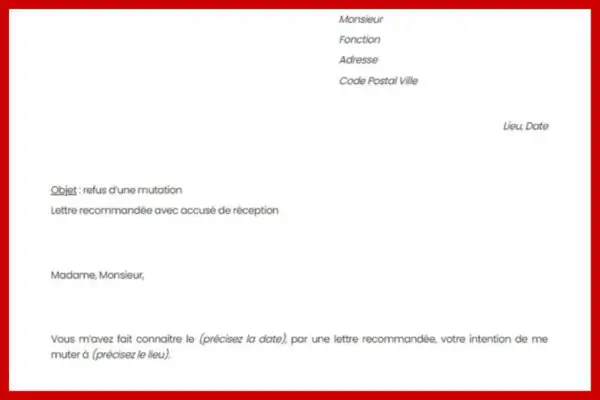 Objet : refus d'une mutation. Lettre recommandée pour une mutation police municipale.