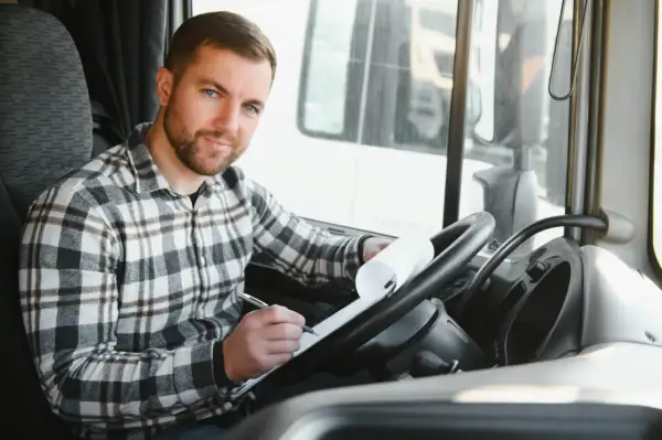 Un chauffeur poids lourd, chemise à carreaux, rédige sa lettre de motivation dans la cabine.