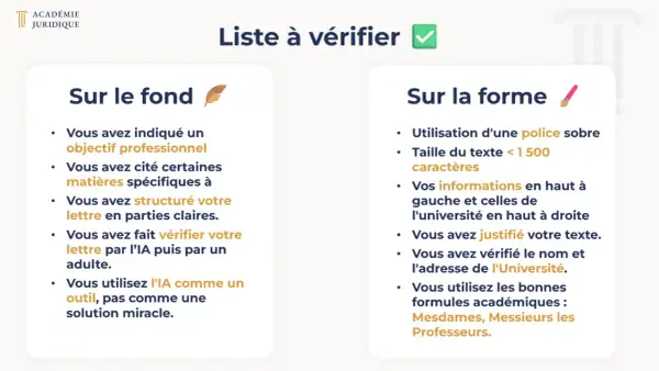 Liste de vérification pour une lettre de motivation fac de droit Parcoursup : fond et forme.
