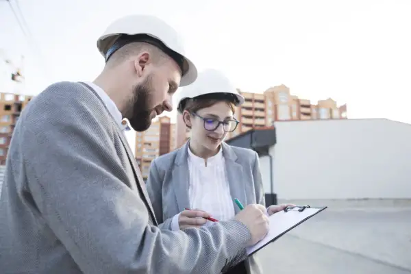 Deux ingénieurs, casques blancs, discutent d'un document sur un chantier. L'un signe, peut-être un modèle attestation employeur.