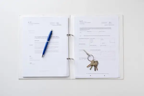 Un classeur blanc ouvert sur des documents. Un stylo bleu repose sur la page de gauche, tandis qu'un trousseau de clés est posé sur la page de droite, suggérant une lettre de demande de mutation ou un contrat.