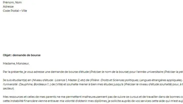 Objet : demande de bourse. Un étudiant sollicite une aide financière pour poursuivre ses études universitaires.