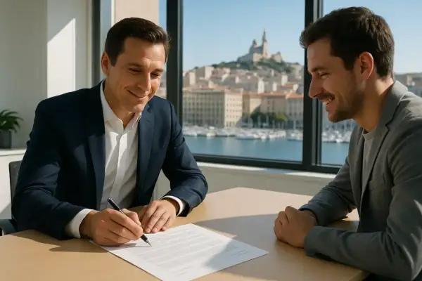 Un homme signe un document, peut-être une lettre de demande de radiation, devant un collègue souriant. La vue sur la ville et le port est magnifique.