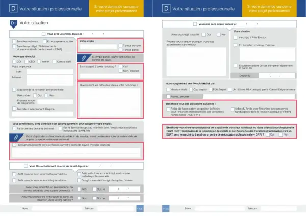 Formulaire administratif pour une demande de place en établissement ou service d'aide par le travail (ESAT), incluant des questions sur la situation professionnelle et le handicap.