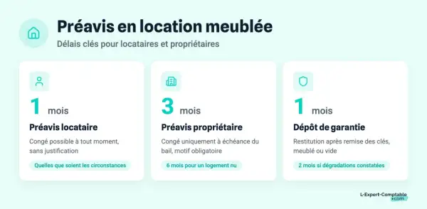 Préavis en location meublée : 1 mois pour le locataire, 3 mois pour le propriétaire. Modèle préavis logement 1 mois. Dépôt de garantie 1 mois.