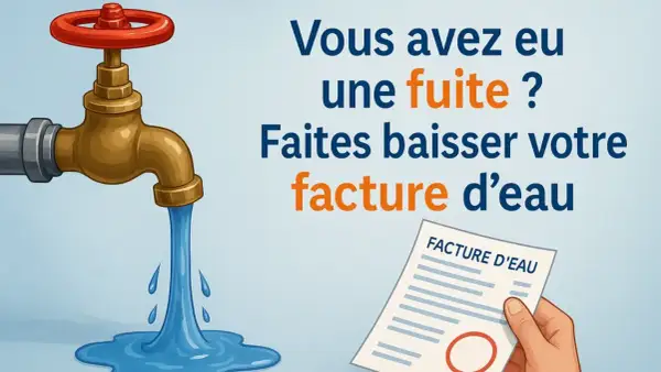 Robinet qui coule, facture d'eau et texte "Faites baisser votre facture d'eau".