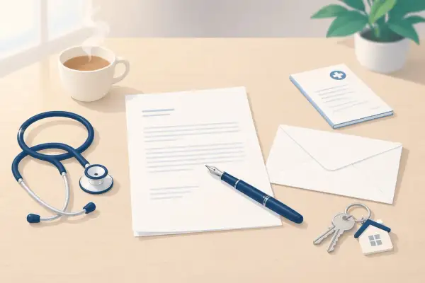 Bureau avec stéthoscope, tasse de café, lettre, enveloppe, clés et document médical. Préparation d'un modèle lettre résiliation bail 1 mois pour raison de santé.