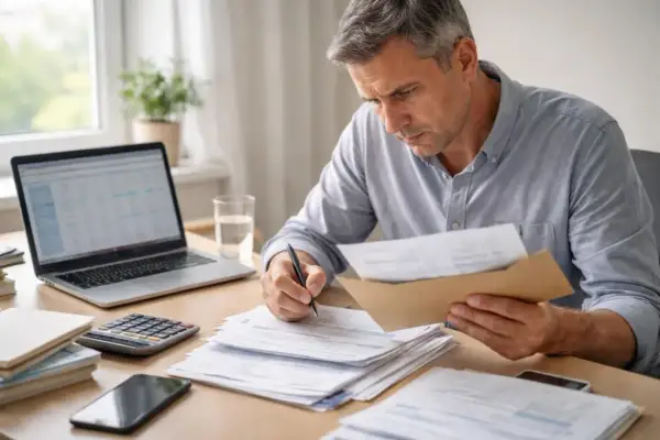 Homme concentré sur des papiers, calculatrice et ordinateur portable. Il semble gérer des documents importants, peut-être une dénonciation CAF.
