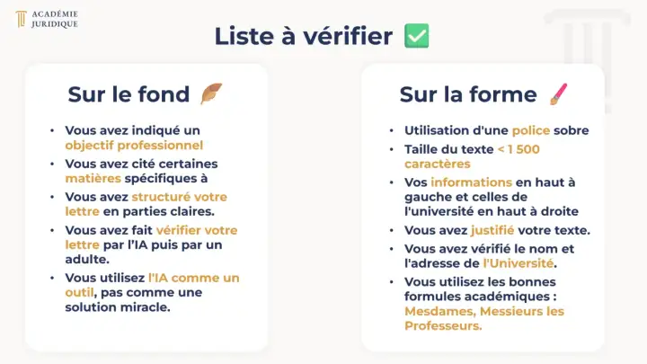 Liste de vérification pour une lettre de motivation fac de droit Parcoursup : fond et forme.